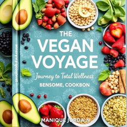 Create a colorful cover for a vegan cookbook titled 'The Vegan Voyage: Journey to Total Wellness' by Monique Jordan