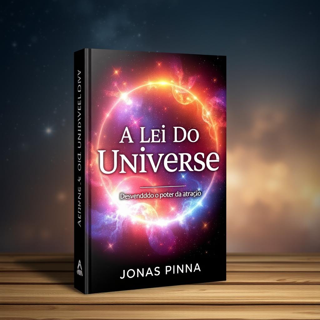 Create a book cover with the title 'A Lei Do Universo' and the subtitle 'Desvendando o poder da atração' written by Jonas Pinna