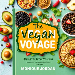 Create a colorful cover for a vegan cookbook titled 'The Vegan Voyage: Journey to Total Wellness' by Monique Jordan