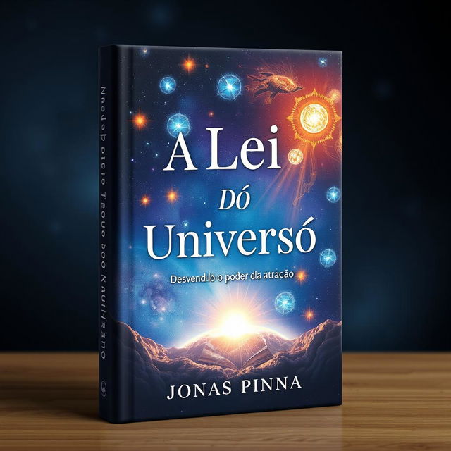 Create a book cover with the title 'A Lei Do Universo' and the subtitle 'Desvendando o poder da atração' written by Jonas Pinna