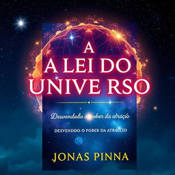 Create a book cover with the title 'A Lei Do Universo' and the subtitle 'Desvendando o poder da atração' written by Jonas Pinna