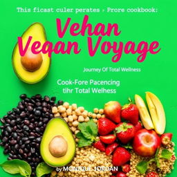 Create a colorful cover for a vegan cookbook titled 'The Vegan Voyage: Journey to Total Wellness' by Monique Jordan