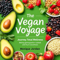 Create a colorful cover for a vegan cookbook titled 'The Vegan Voyage: Journey to Total Wellness' by Monique Jordan