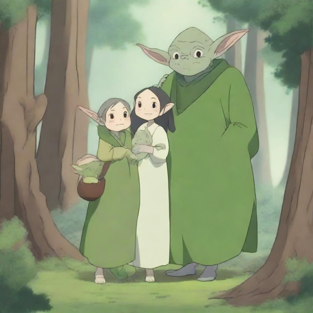 A heartwarming scene featuring an anime goblin family in a whimsical forest