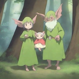 A heartwarming scene featuring an anime goblin family in a whimsical forest