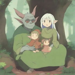 A heartwarming scene featuring an anime goblin family in a whimsical forest