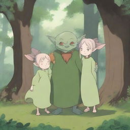 A heartwarming scene featuring an anime goblin family in a whimsical forest