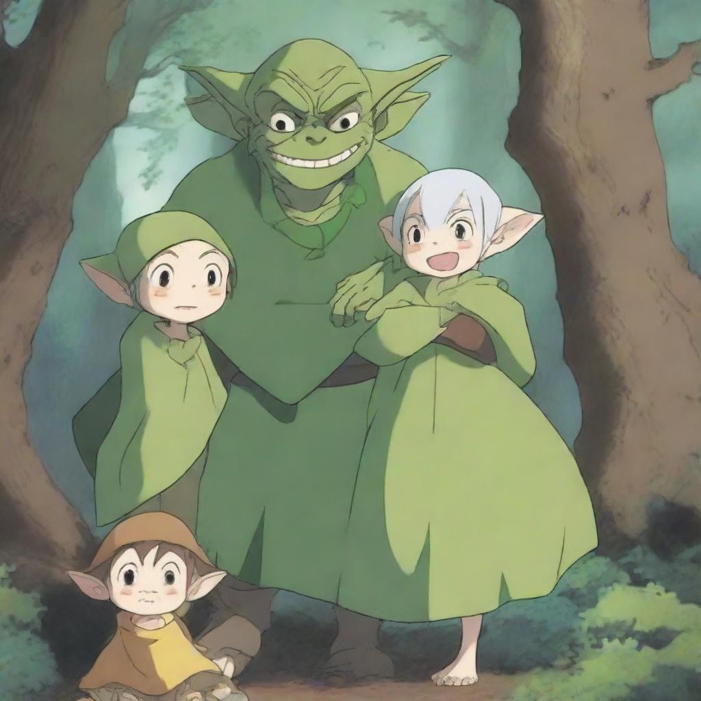 A charming scene featuring an anime goblin family in a magical forest