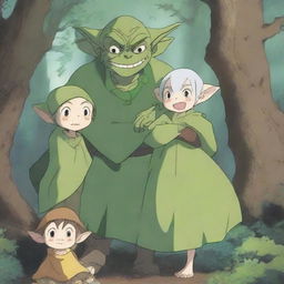 A charming scene featuring an anime goblin family in a magical forest