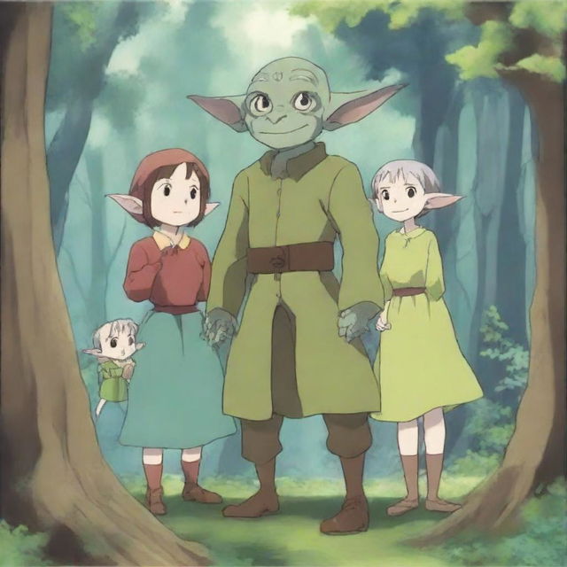 A charming scene featuring an anime goblin family in a magical forest