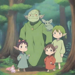 A charming scene featuring an anime goblin family in a magical forest