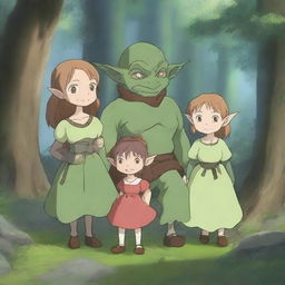 A charming scene featuring an anime goblin family in a magical forest