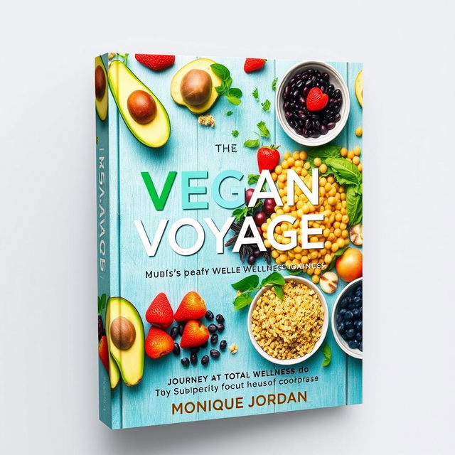 Create a colorful cover for a vegan cookbook titled 'The Vegan Voyage: Journey to Total Wellness' by Monique Jordan