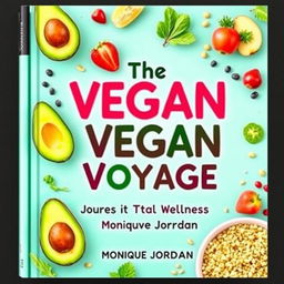 Create a colorful cover for a vegan cookbook titled 'The Vegan Voyage: Journey to Total Wellness' by Monique Jordan