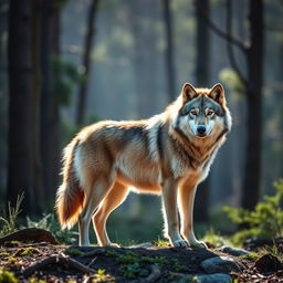 A raw photograph of a majestic wolf standing in a natural forest setting