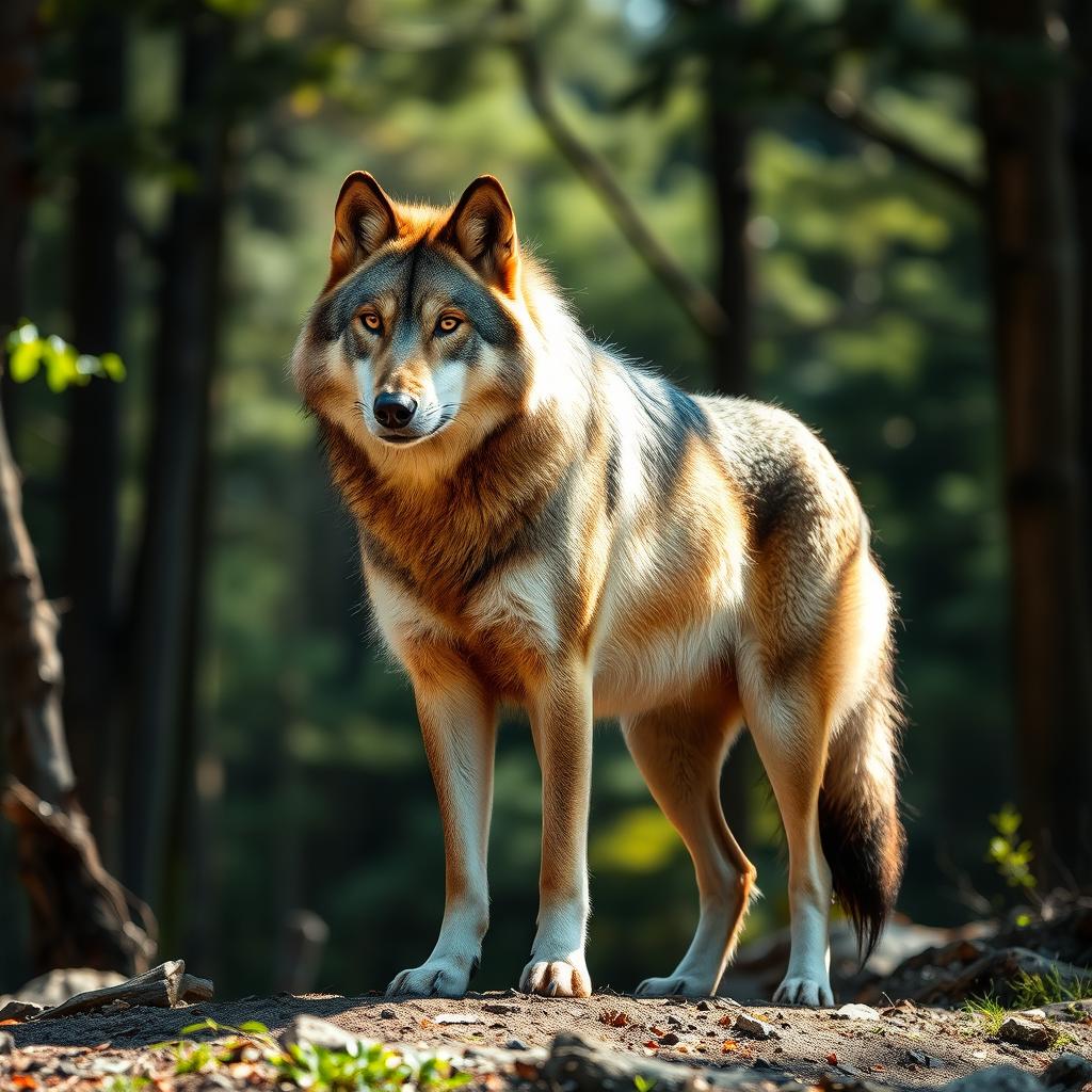 A raw photograph of a majestic wolf standing in a natural forest setting