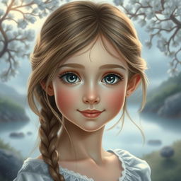 A beautiful young girl with grey eyes, depicted in a serene and enchanting setting