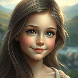 A beautiful young girl with grey eyes, depicted in a serene and enchanting setting