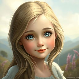 A beautiful young girl with grey eyes, depicted in a serene and enchanting setting