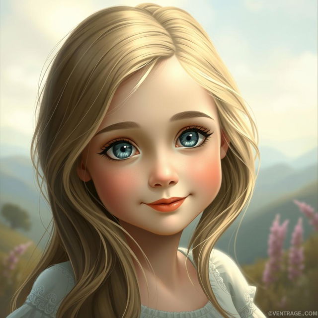 A beautiful young girl with grey eyes, depicted in a serene and enchanting setting