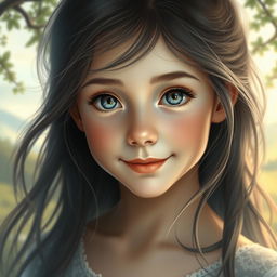 A beautiful young girl with grey eyes, depicted in a serene and enchanting setting