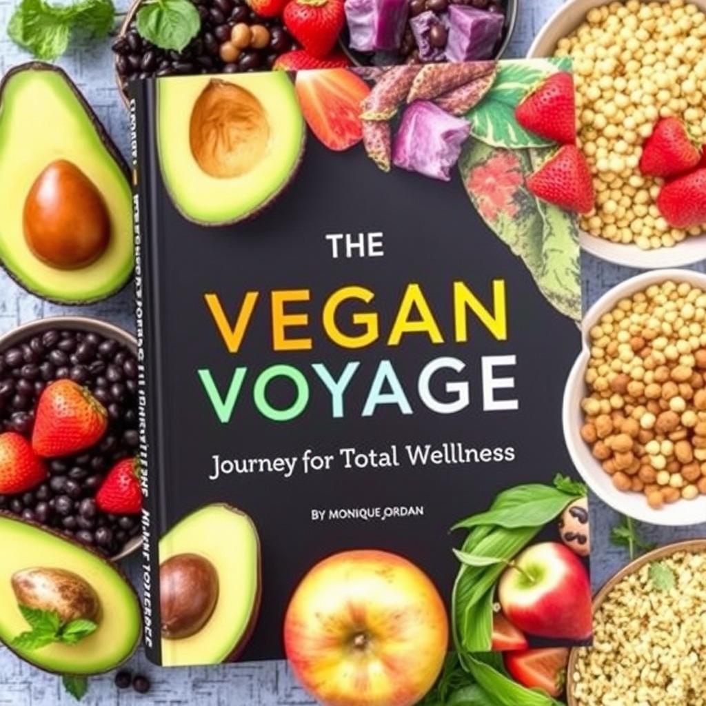 Create a colorful cover for a vegan cookbook titled 'The Vegan Voyage: Journey to Total Wellness' by Monique Jordan