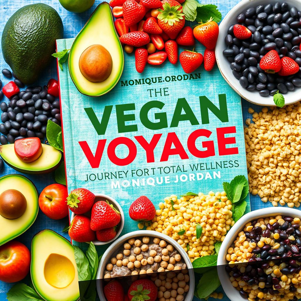 Create a colorful cover for a vegan cookbook titled 'The Vegan Voyage: Journey to Total Wellness' by Monique Jordan