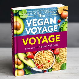 Create a colorful cover for a vegan cookbook titled 'The Vegan Voyage: Journey to Total Wellness' by Monique Jordan