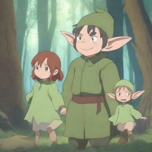 A detailed and heartwarming 4K scene featuring an anime goblin family in a magical forest