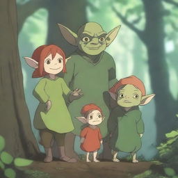 A detailed and heartwarming 4K scene featuring an anime goblin family in a magical forest