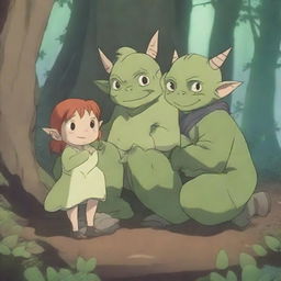 A detailed and heartwarming 4K scene featuring an anime goblin family in a magical forest