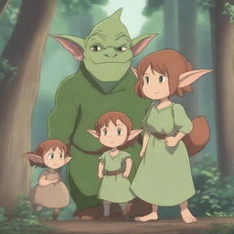 A detailed and heartwarming 4K scene featuring an anime goblin family in a magical forest