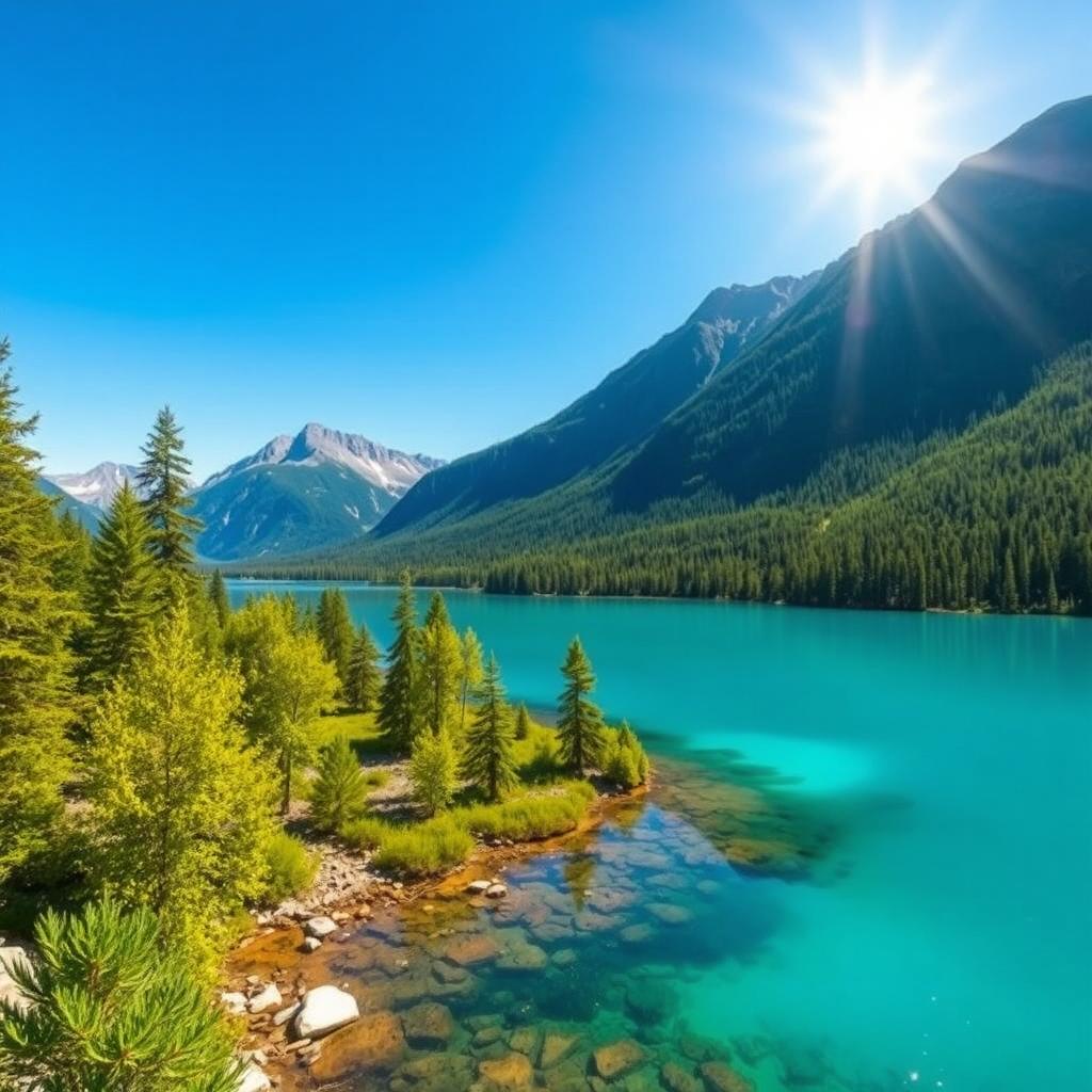 Create a beautiful and serene landscape featuring a clear blue lake surrounded by lush green trees and mountains in the background under a bright, sunny sky