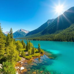 Create a beautiful and serene landscape featuring a clear blue lake surrounded by lush green trees and mountains in the background under a bright, sunny sky