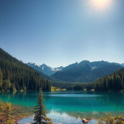 Create a beautiful and serene landscape featuring a clear blue lake surrounded by lush green trees and mountains in the background under a bright, sunny sky