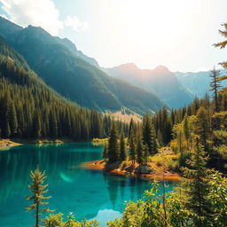 Create a beautiful and serene landscape featuring a clear blue lake surrounded by lush green trees and mountains in the background under a bright, sunny sky