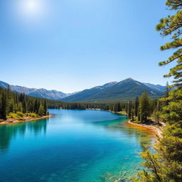 Create a beautiful and serene landscape featuring a clear blue lake surrounded by lush green trees and mountains in the background under a bright, sunny sky