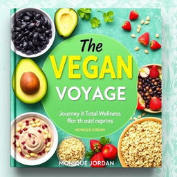 Create a colorful cover for a vegan cookbook titled 'The Vegan Voyage: Journey to Total Wellness' by Monique Jordan