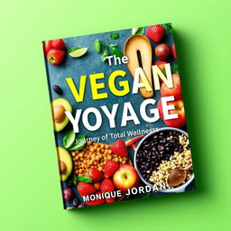 Create a colorful cover for a vegan cookbook titled 'The Vegan Voyage: Journey to Total Wellness' by Monique Jordan