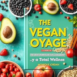 Create a colorful cover for a vegan cookbook titled 'The Vegan Voyage: Journey to Total Wellness' by Monique Jordan