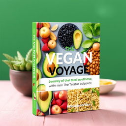 Design a colorful cover for a vegan cookbook titled 'The Vegan Voyage: Journey to Total Wellness' by Monique Jordan