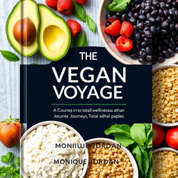 Design a colorful cover for a vegan cookbook titled 'The Vegan Voyage: Journey to Total Wellness' by Monique Jordan