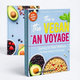 Design a colorful cover for a vegan cookbook titled 'The Vegan Voyage: Journey to Total Wellness' by Monique Jordan