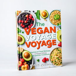 Design a colorful cover for a vegan cookbook titled 'The Vegan Voyage: Journey to Total Wellness' by Monique Jordan