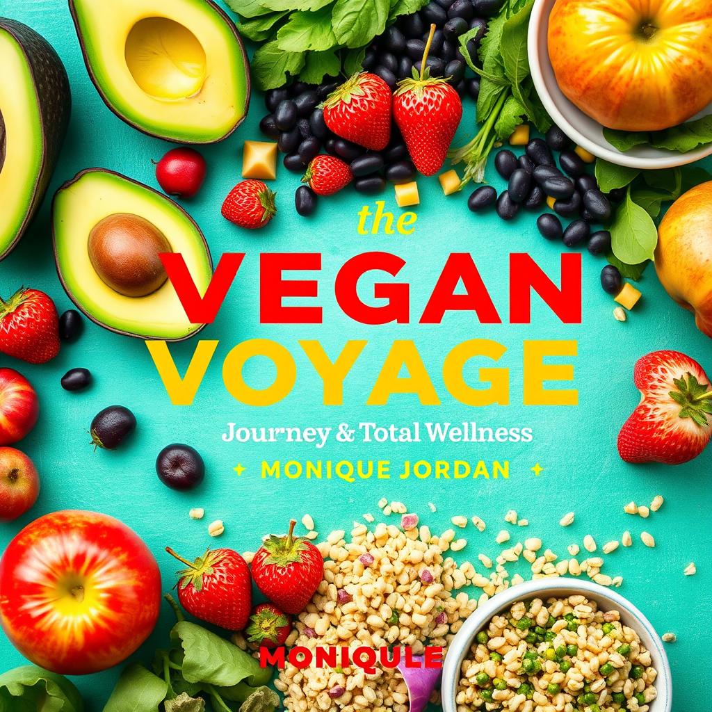 Create a vibrant and inviting cover for a vegan cookbook titled 'The Vegan Voyage: Journey to Total Wellness' by Monique Jordan