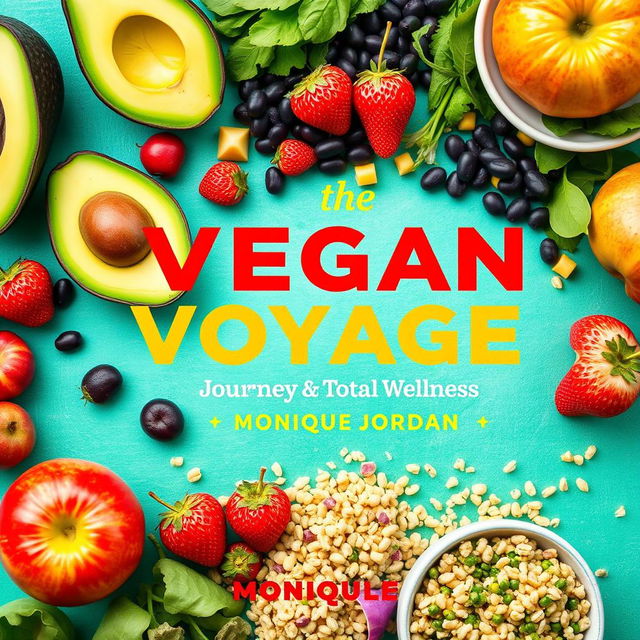 Create a vibrant and inviting cover for a vegan cookbook titled 'The Vegan Voyage: Journey to Total Wellness' by Monique Jordan