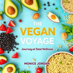 Create a vibrant and inviting cover for a vegan cookbook titled 'The Vegan Voyage: Journey to Total Wellness' by Monique Jordan