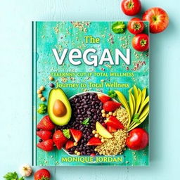 Create a vibrant and inviting cover for a vegan cookbook titled 'The Vegan Voyage: Journey to Total Wellness' by Monique Jordan