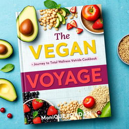 Create a vibrant and inviting cover for a vegan cookbook titled 'The Vegan Voyage: Journey to Total Wellness' by Monique Jordan