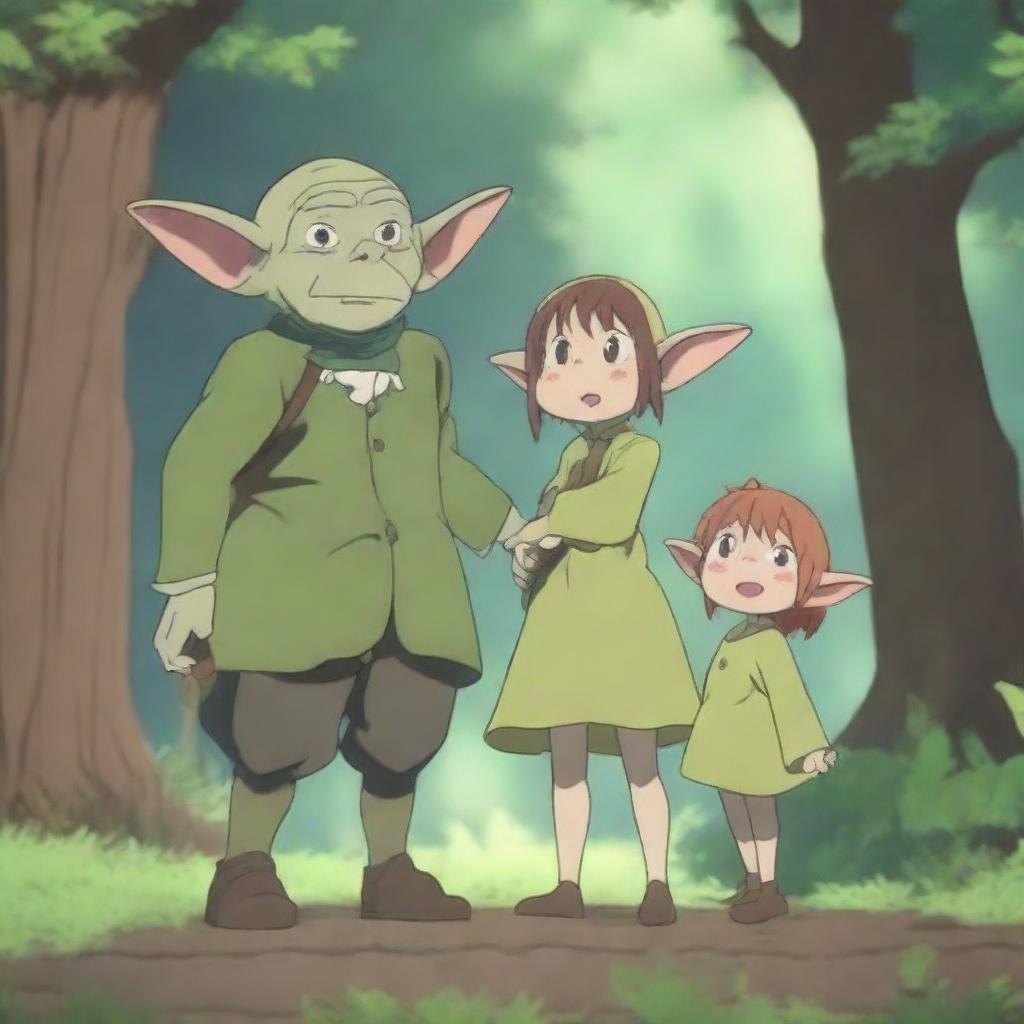 A highly detailed and heartwarming 4K scene featuring an anime goblin family in a magical forest